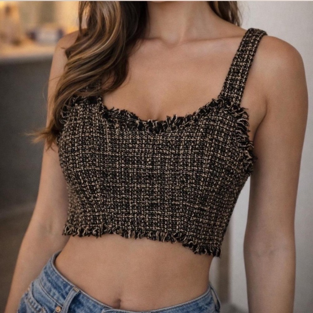 Mare Mare x Anthropologie Tweed Crop Top Black White Fringe Trim‎ XL